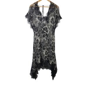 Black Floral Sheer Chiffon Lace Trim Asymmetrical‎ Sharkbite Midi Slip Dress